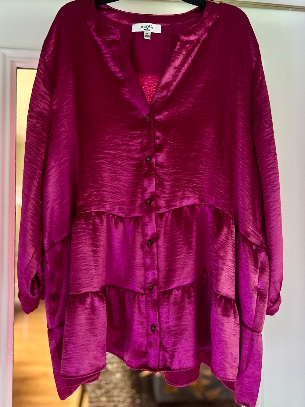 Moa Moa Fuchsia Satin Tiered Button-Down Blouse